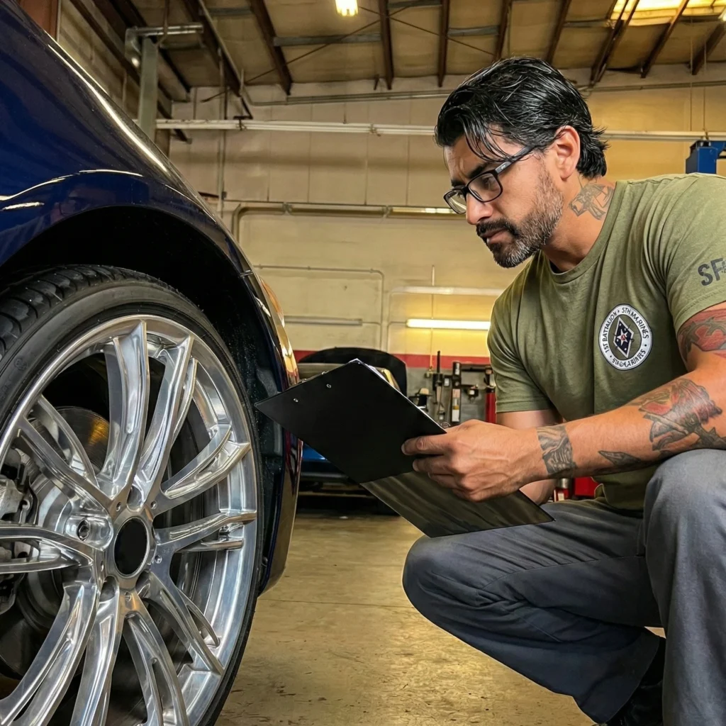image of a mechanic inspecting the car and a wheel of car can be seen in the image